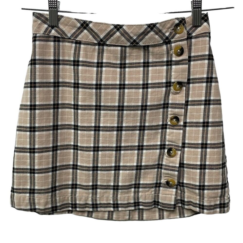 Divided by H&M Checkered A-Line Mini Skirt Button Front High Rise Beige Womens 4